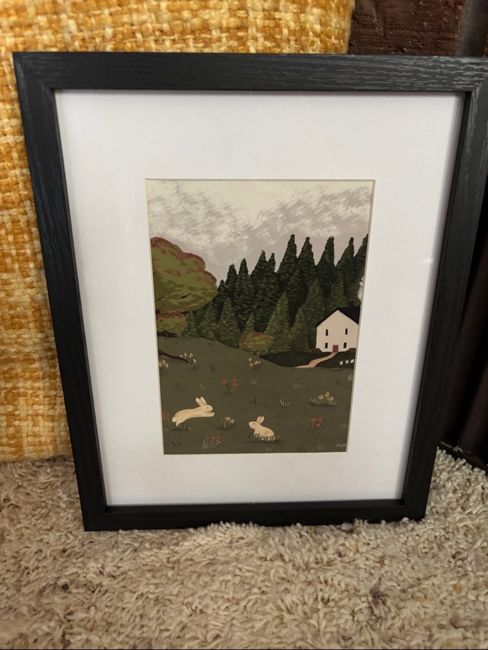 Framed Woodland Bunny Art Print - Green, Cream, Black